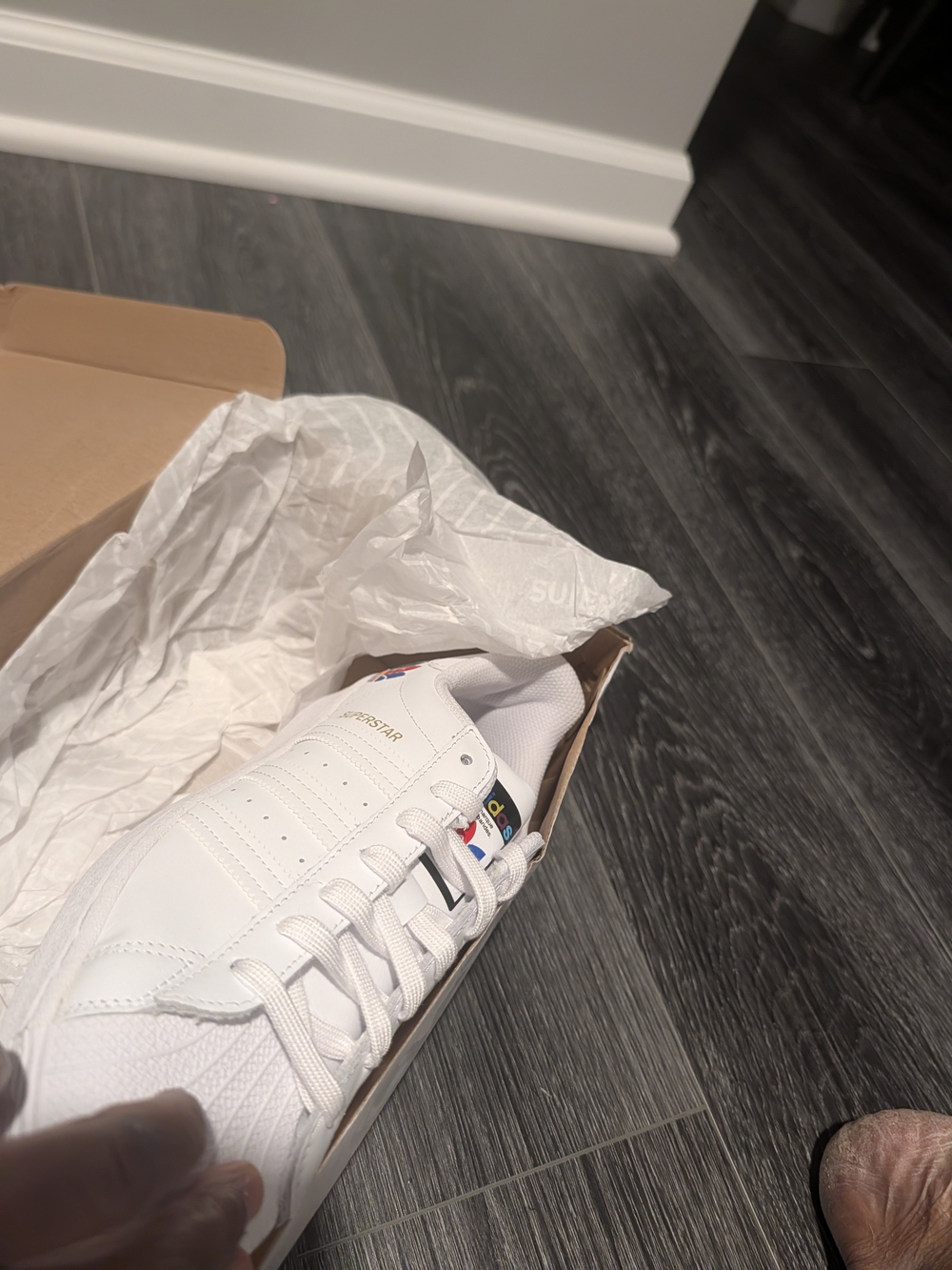 Adidas White Superstar Sneakers with Multicolor Logos - Picture 5 of 11